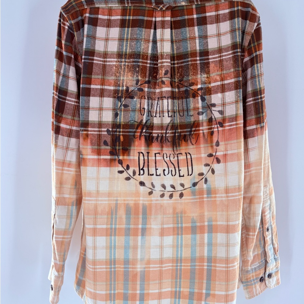 Bleached Upcycled Hombre Plaid Flannel Button Down Shirt Size Small - Picture 3 of 11